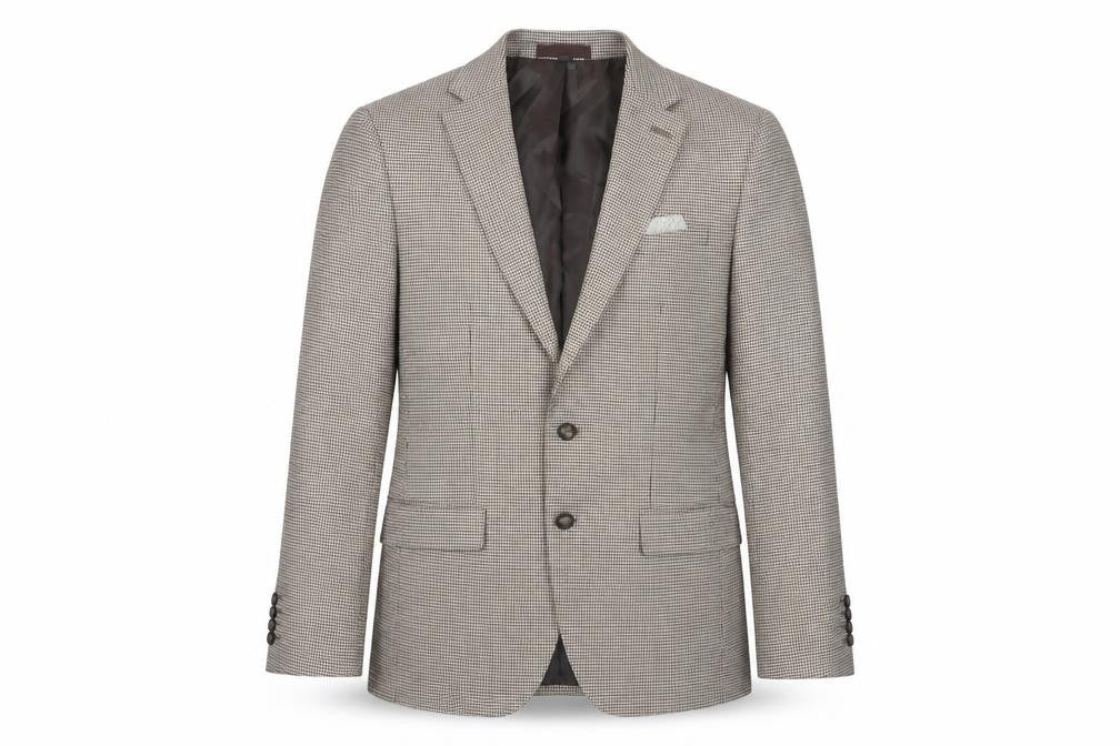 Front view of Marks & Spencer men’s beige geometric polyester jacket suit jacket, size 38, regular