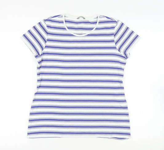 Marks and Spencer Womens Blue Striped Cotton Basic T-Shirt Size 16 Crew Neck