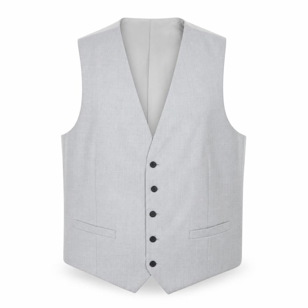 Front view of Marks & Spencer men’s grey polyester jacket suit waistcoat, size 44, regular