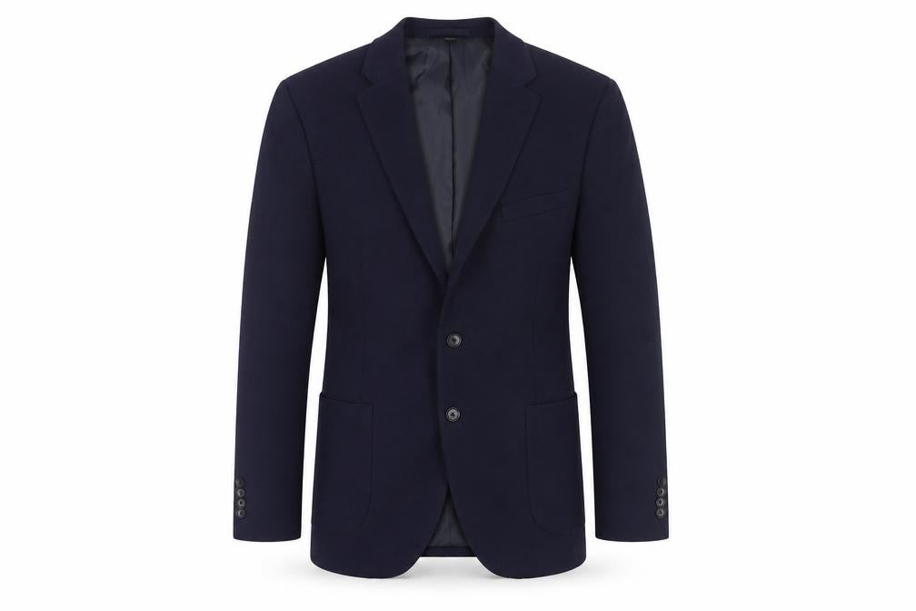 Front view of Marks & Spencer men’s blue polyester jacket blazer, size 42, regular