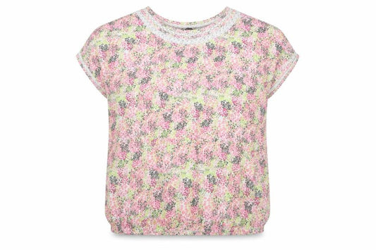 Front view of Next women’s multicoloured floral cotton basic t-shirt, size UK 12, round neck - lace detail