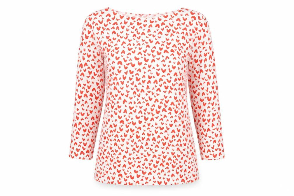 Front view of Marks & Spencer women’s red geometric cotton basic t-shirt, size UK 8, boat neck - heart pattern