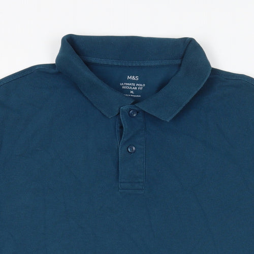 Marks and Spencer Mens Green Cotton Polo Size XL Collared Button