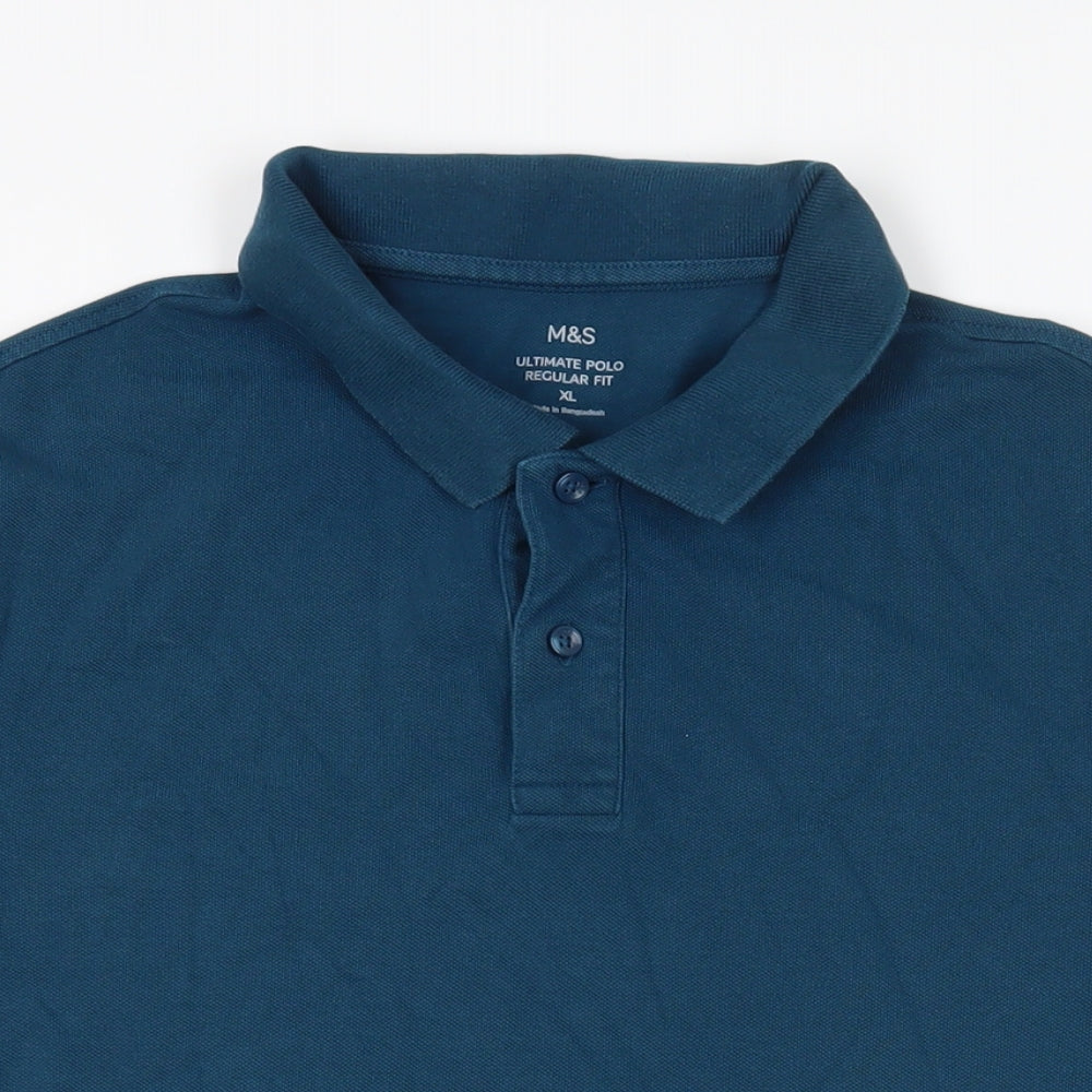 Marks and Spencer Mens Green Cotton Polo Size XL Collared Button