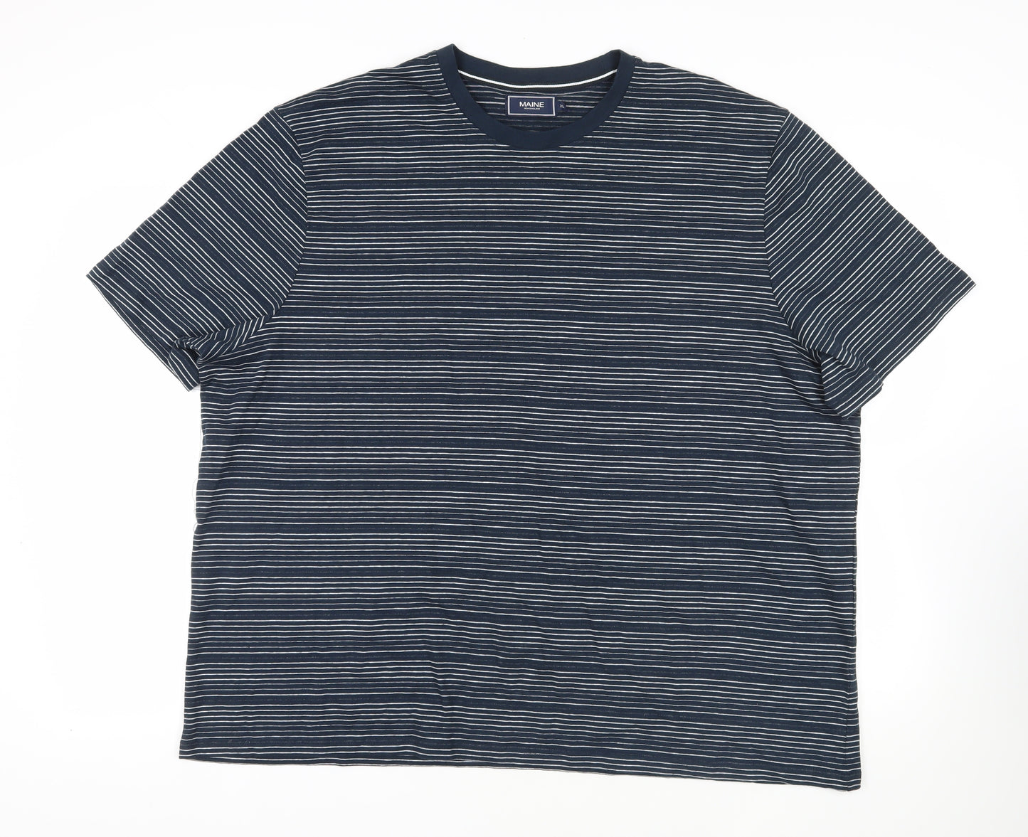 Maine New England Mens Blue Striped Cotton T-Shirt Size 3XL Crew Neck