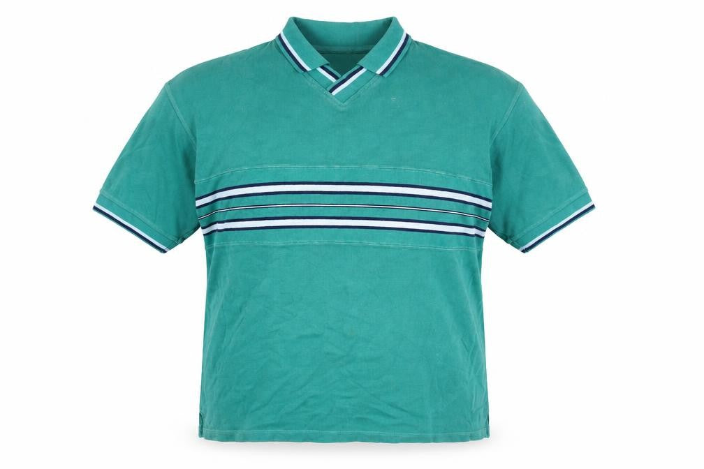 Front view of Fiori men’s green striped cotton polo, size XL, collared pullover