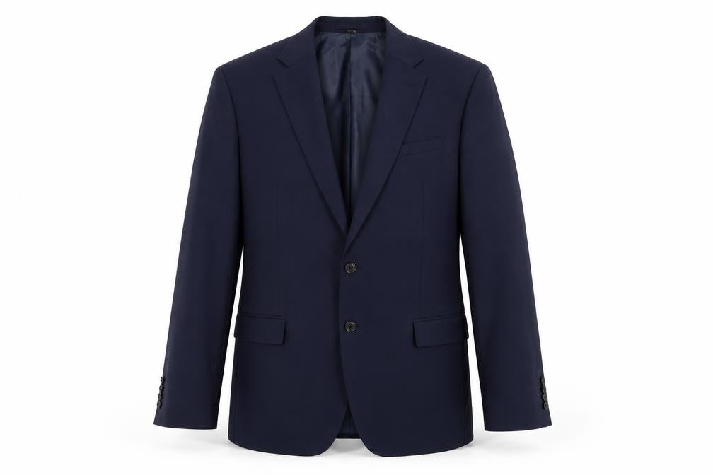 Front view of Marks & Spencer men’s blue polyester jacket suit jacket, size 44, regular