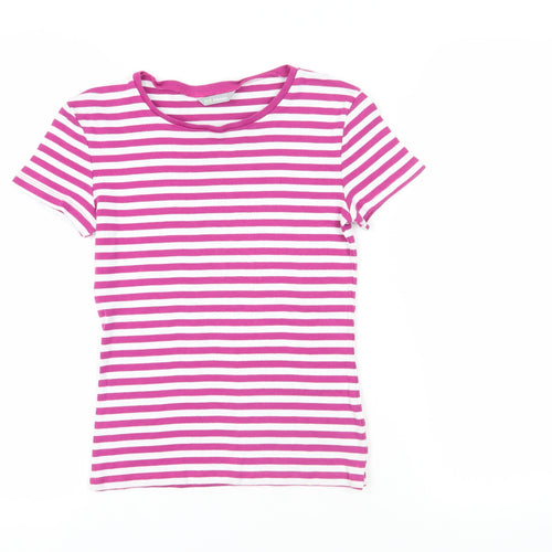 Marks and Spencer Womens Purple Striped Cotton Basic T-Shirt Size 8 Crew Neck