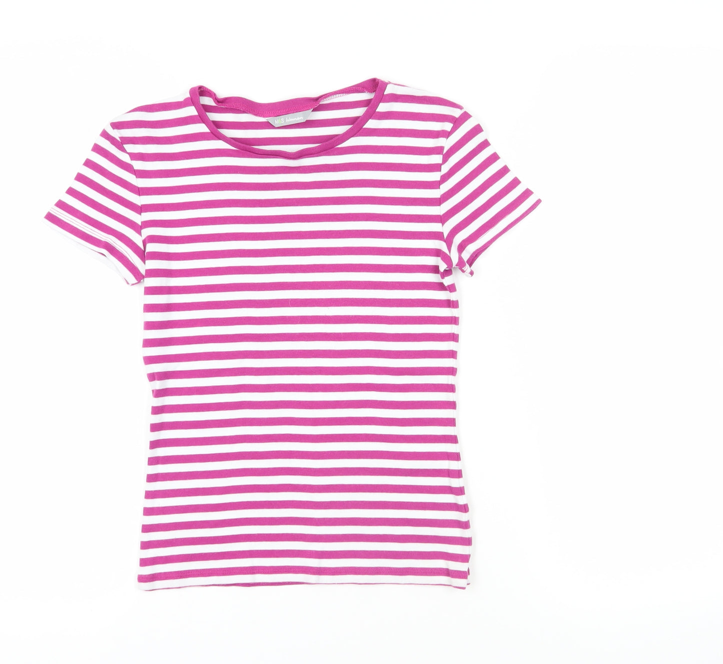 Marks and Spencer Womens Purple Striped Cotton Basic T-Shirt Size 8 Crew Neck