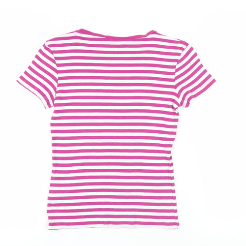 Marks and Spencer Womens Purple Striped Cotton Basic T-Shirt Size 8 Crew Neck