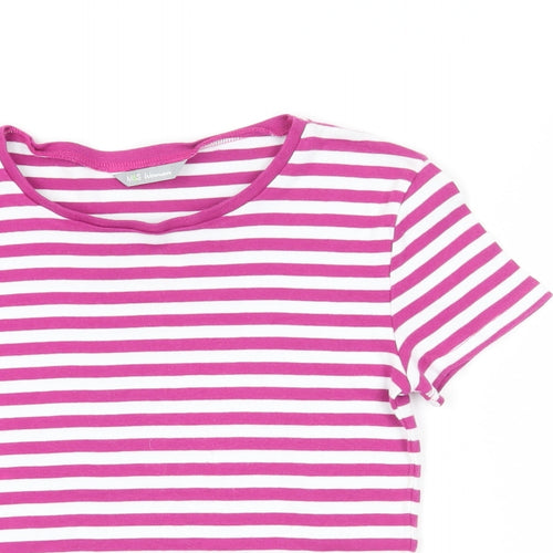 Marks and Spencer Womens Purple Striped Cotton Basic T-Shirt Size 8 Crew Neck