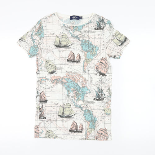 Topman Mens Ivory Cotton T-Shirt Size XS Crew Neck - World Map