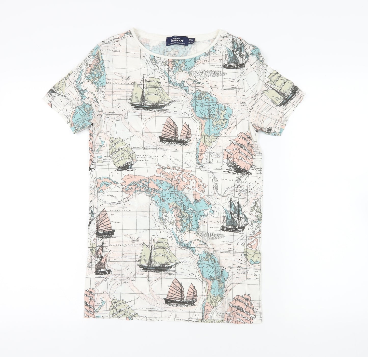 Topman Mens Ivory Cotton T-Shirt Size XS Crew Neck - World Map