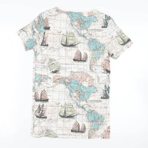 Topman Mens Ivory Cotton T-Shirt Size XS Crew Neck - World Map