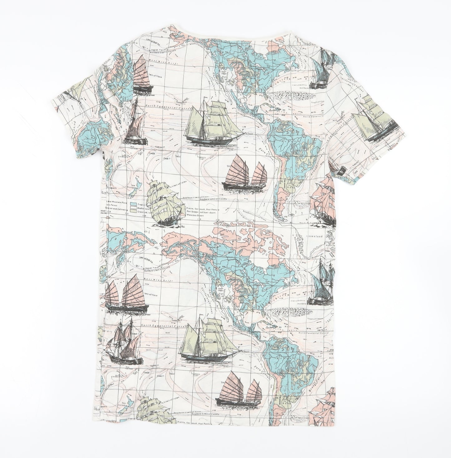 Topman Mens Ivory Cotton T-Shirt Size XS Crew Neck - World Map