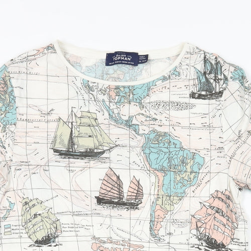 Topman Mens Ivory Cotton T-Shirt Size XS Crew Neck - World Map