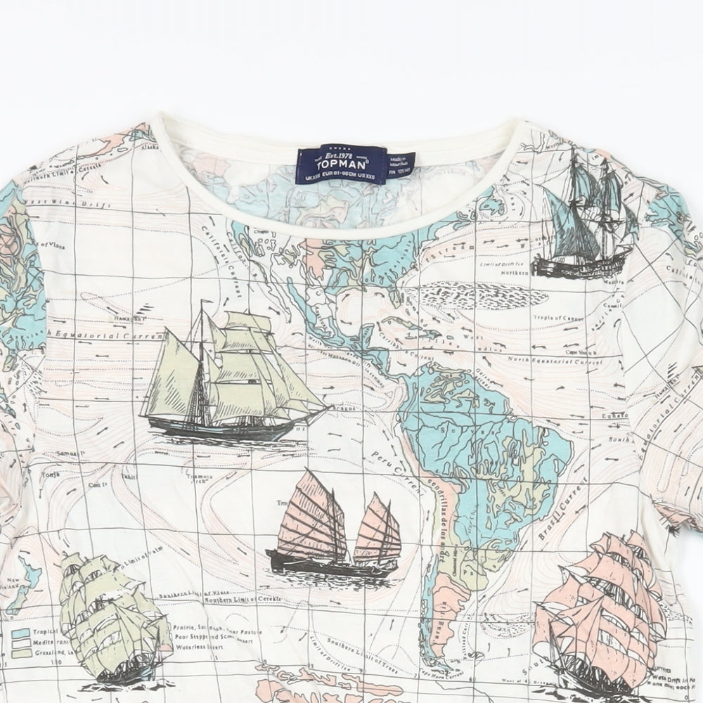 Topman Mens Ivory Cotton T-Shirt Size XS Crew Neck - World Map