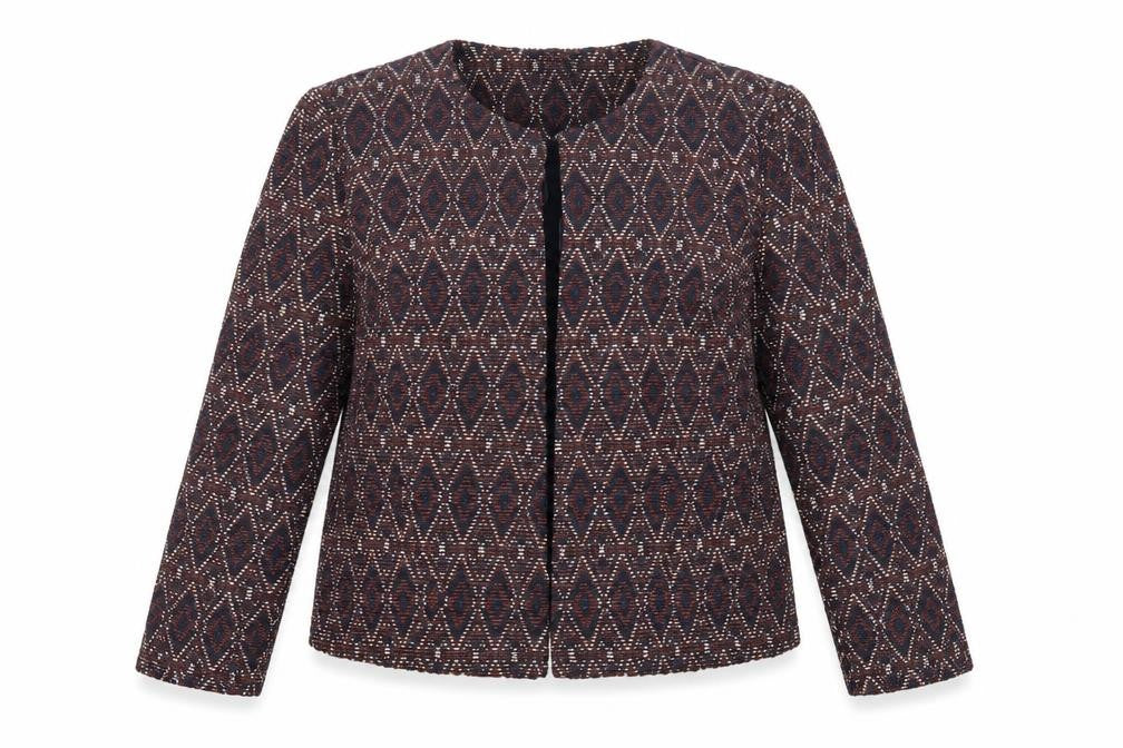 Front view of Bonmarché women’s blue geometric jacket blazer, size UK 12, hook & eye