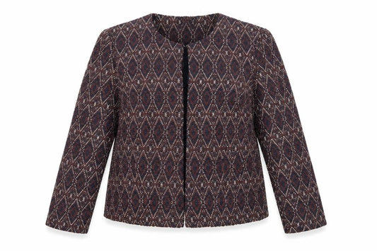Front view of Bonmarché women’s blue geometric jacket blazer, size UK 12, hook & eye