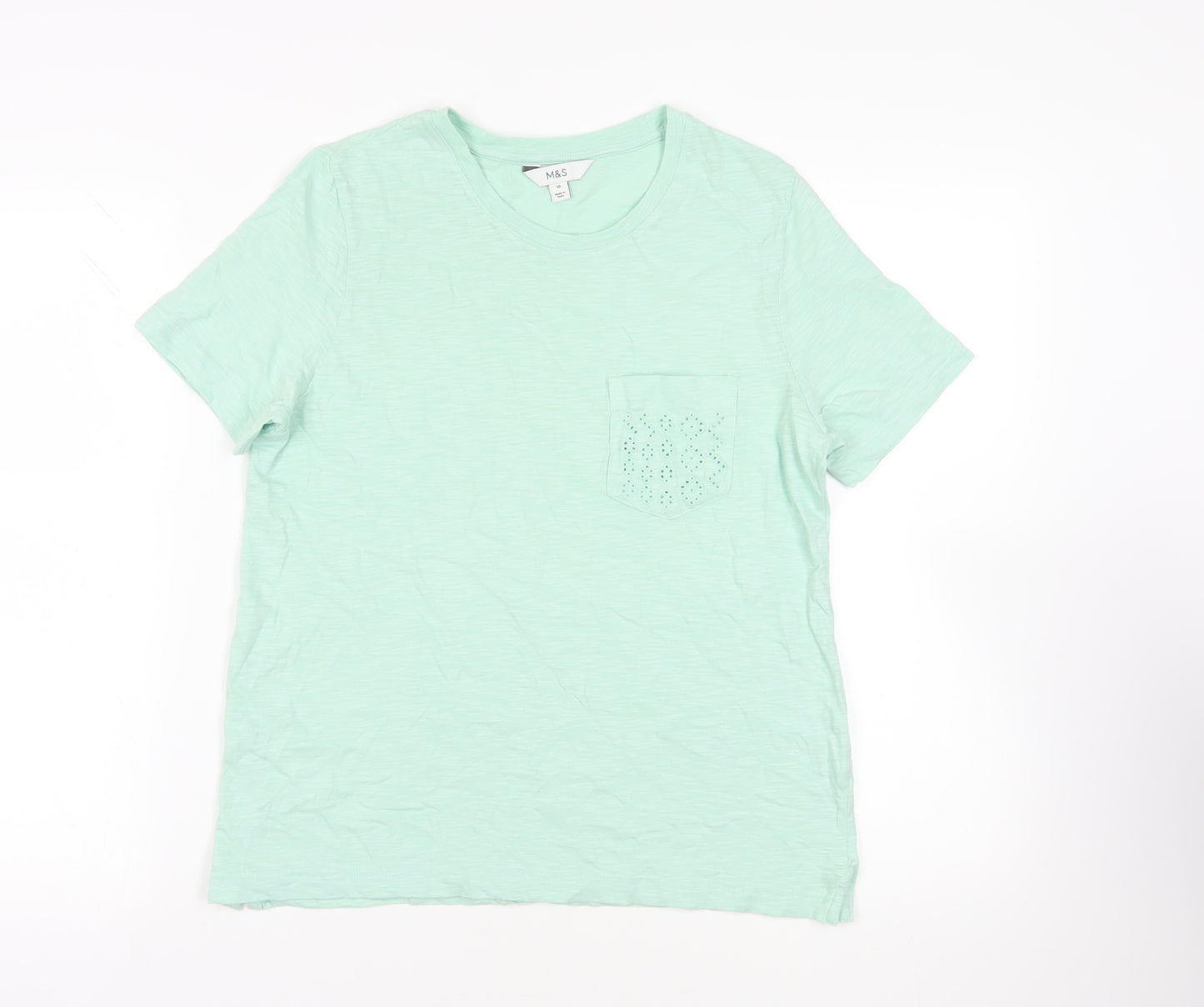 Marks and Spencer Womens Green Cotton Basic T-Shirt Size 10 Crew Neck - Pocket Detail