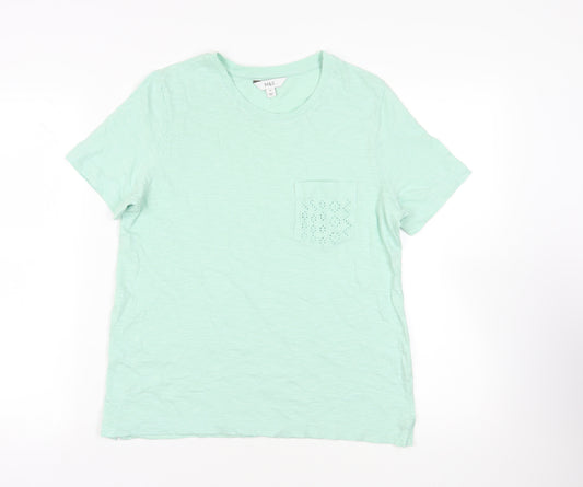 Marks and Spencer Womens Green Cotton Basic T-Shirt Size 10 Crew Neck - Pocket Detail