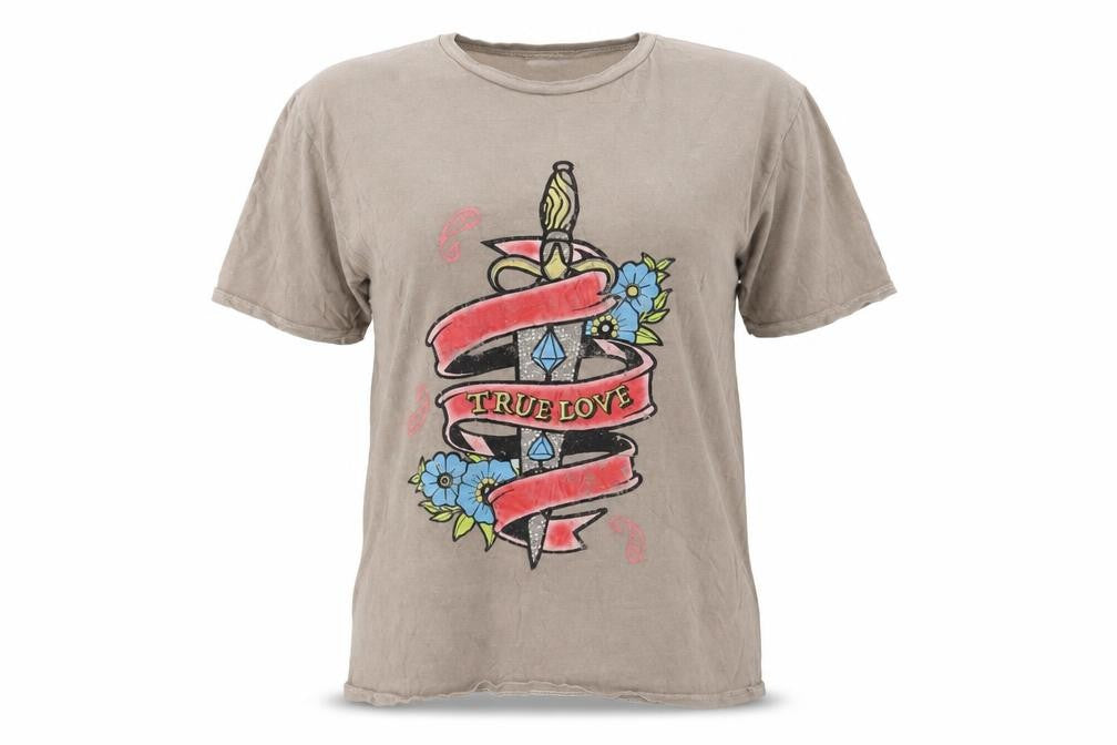 Front view of ASOS women’s beige cotton basic t-shirt, size UK 8, crew neck - true love