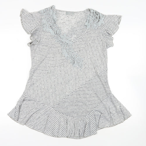 Per Una Womens Grey Striped Linen Basic T-Shirt Size 16 V-Neck - Appliqué