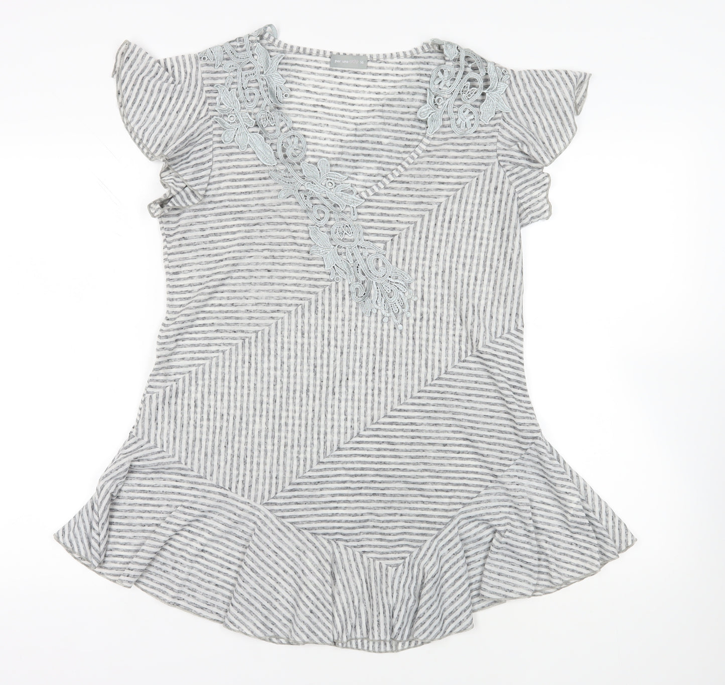 Per Una Womens Grey Striped Linen Basic T-Shirt Size 16 V-Neck - Appliqué