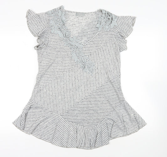 Per Una Womens Grey Striped Linen Basic T-Shirt Size 16 V-Neck - Appliqué