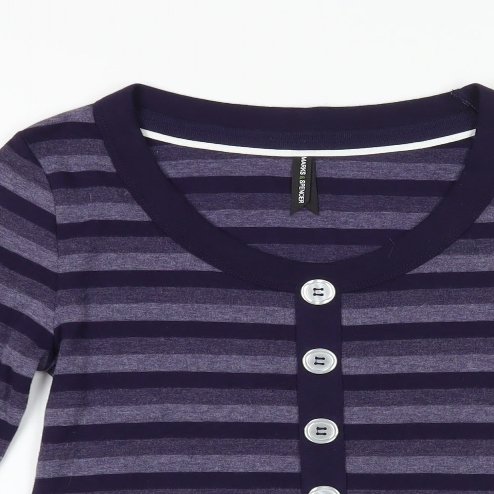 Marks and Spencer Womens Purple Striped Cotton Basic T-Shirt Size 8 Round Neck