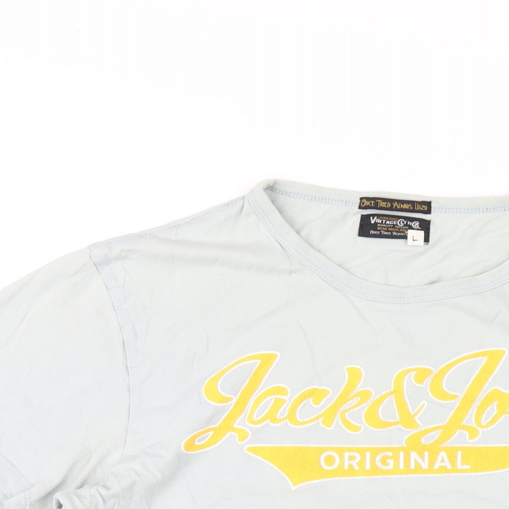 JACK & JONES Mens Grey Cotton T-Shirt Size L Round Neck