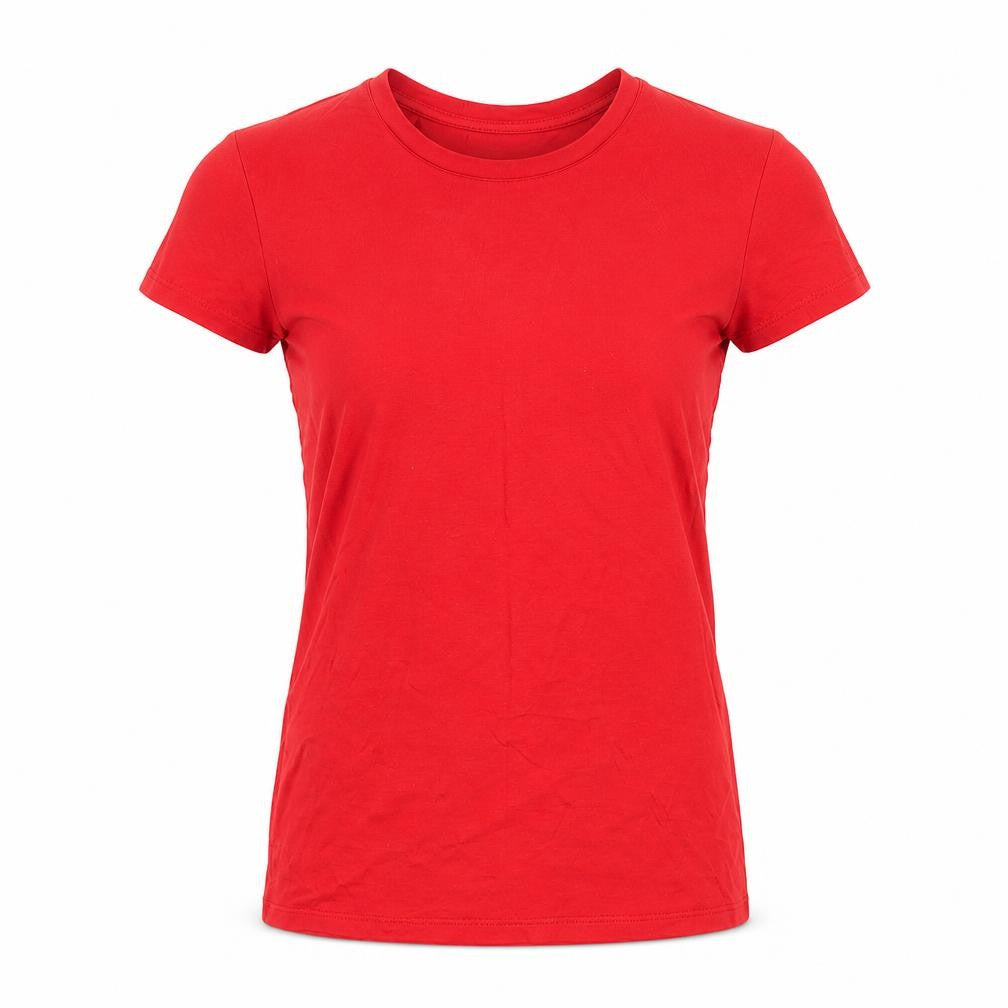 Front view of Oasis women’s red viscose basic t-shirt, size S, round neck