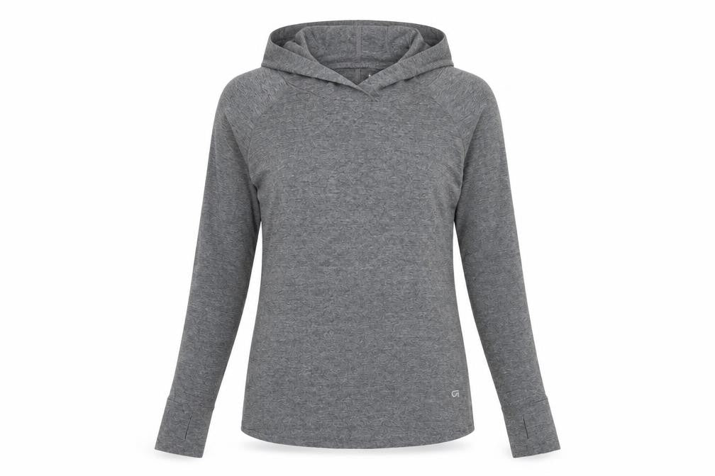 Front view of Gap women’s grey polyester pullover hoodie, size M, pullover