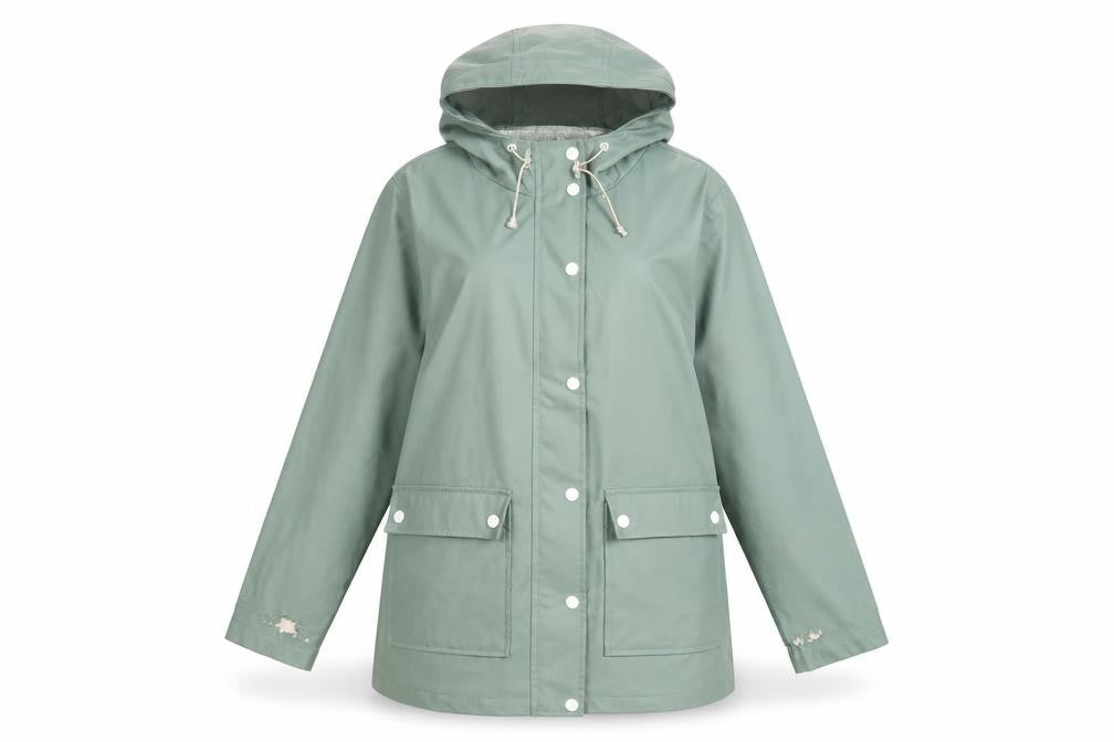 Front view of 24Colours women’s green rain coat coat, size UK 10, zip