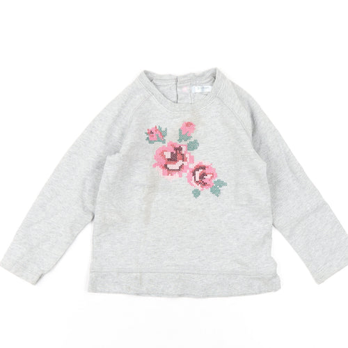 Baby Boden Girls Grey Cotton Pullover Sweatshirt Size 2-3 Years Snap - Flower Embroidery