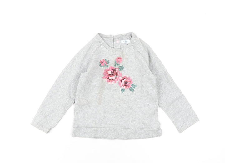 Baby Boden Girls Grey Cotton Pullover Sweatshirt Size 2-3 Years Snap - Flower Embroidery