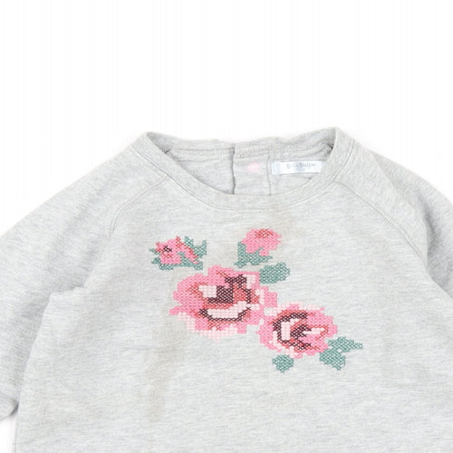 Baby Boden Girls Grey Cotton Pullover Sweatshirt Size 2-3 Years Snap - Flower Embroidery