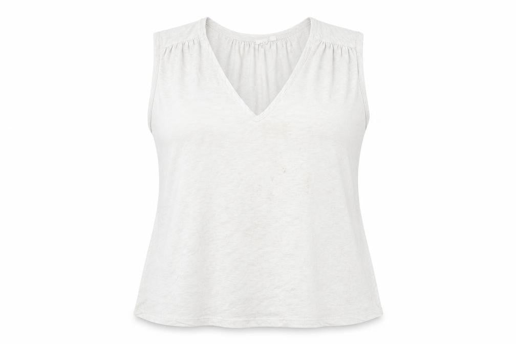 Front view of Gap women’s grey cotton basic tank, size M, v-neck