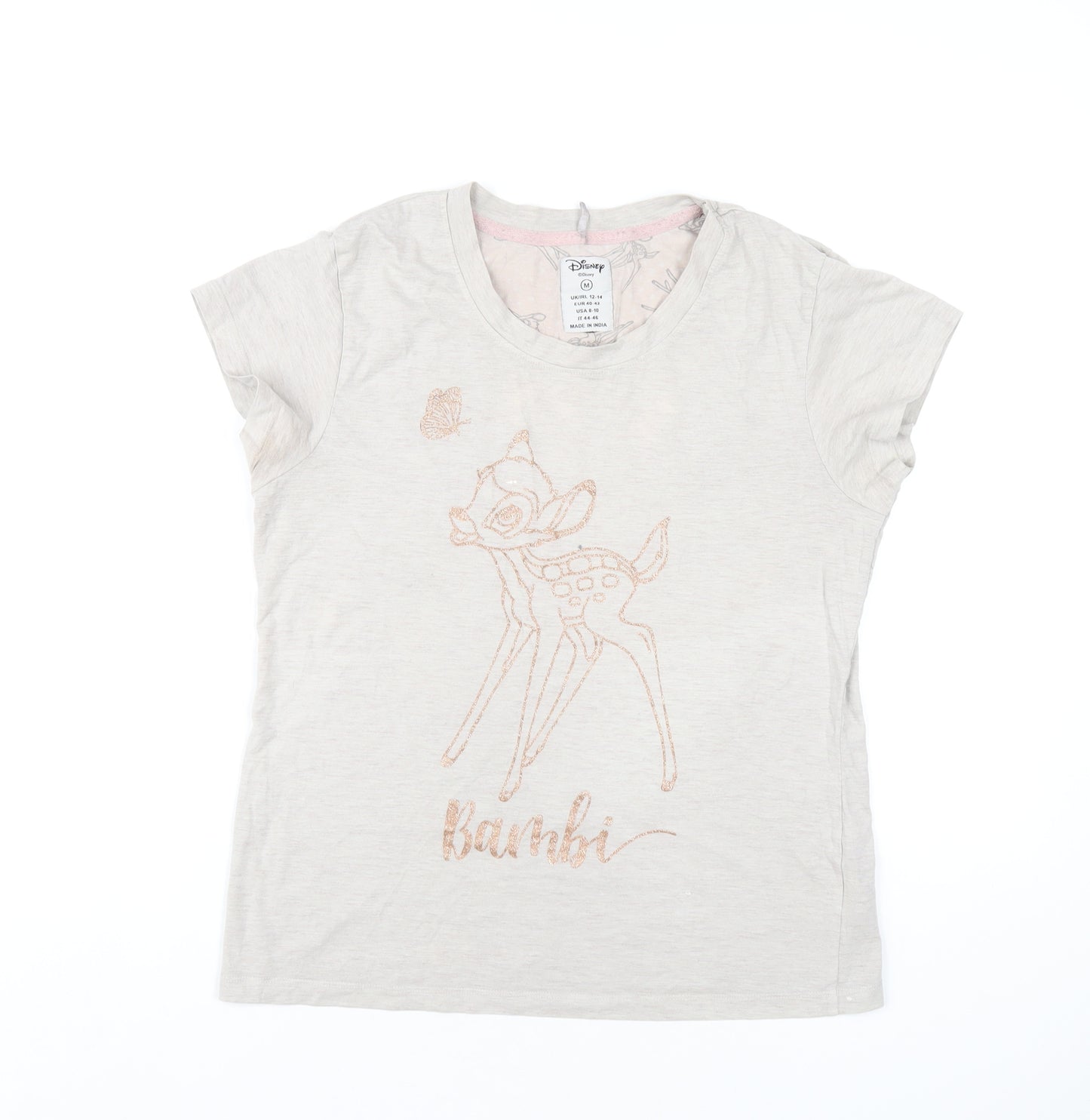 Disney Womens Beige Cotton Basic T-Shirt Size 12 Round Neck - Bambi