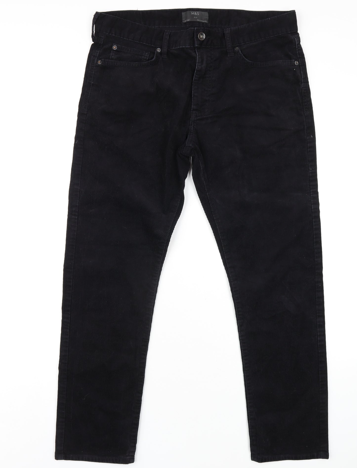 Marks and Spencer Mens Black Cotton Trousers Size 34 in L29 in Slim Zip