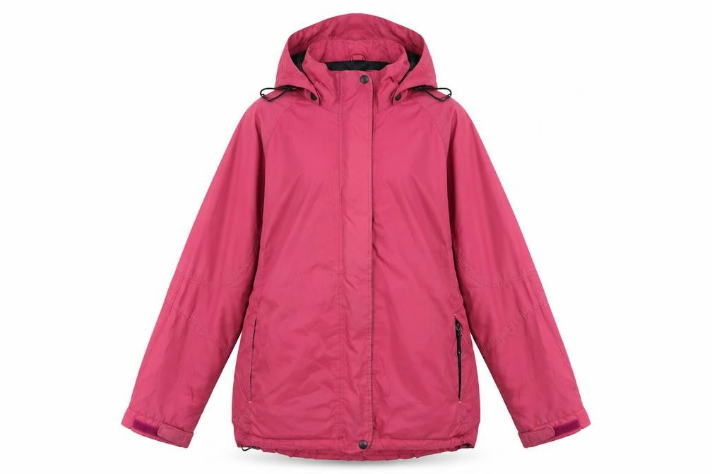 Front view of Outdoor women’s pink rain coat coat, size UK 12, zip