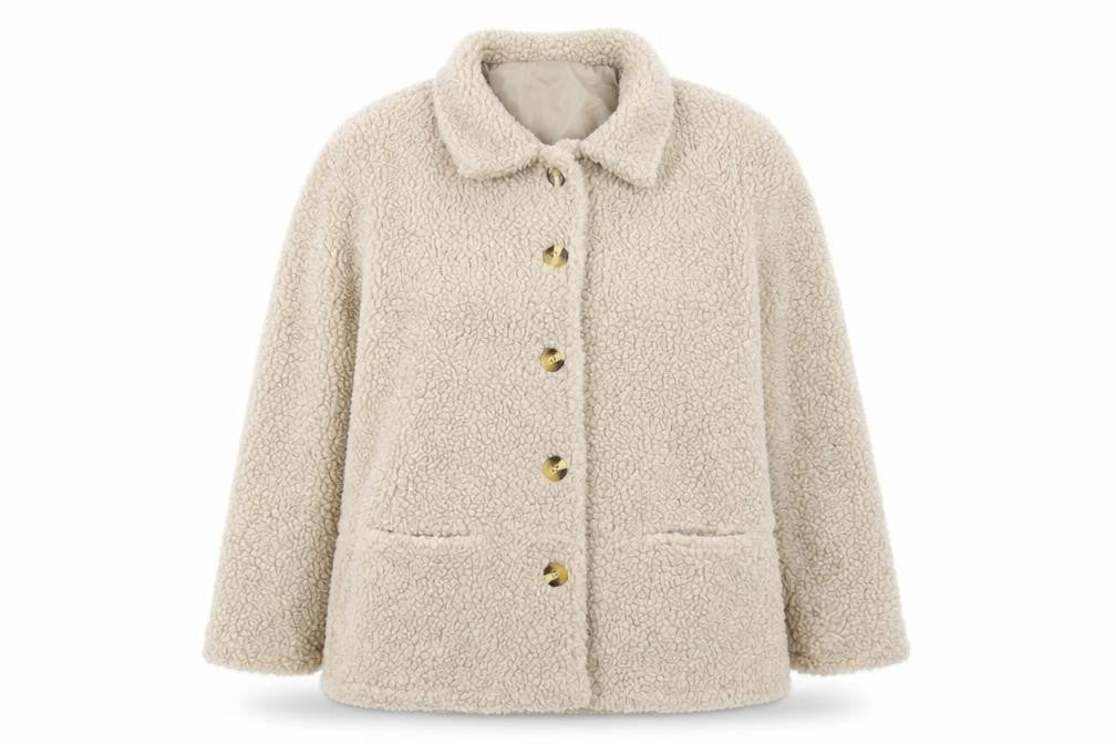 Front view of Damart women’s beige overcoat coat, size UK 18, button