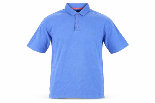 Front view of Cotton Traders men’s blue cotton button-up, size M, collared button