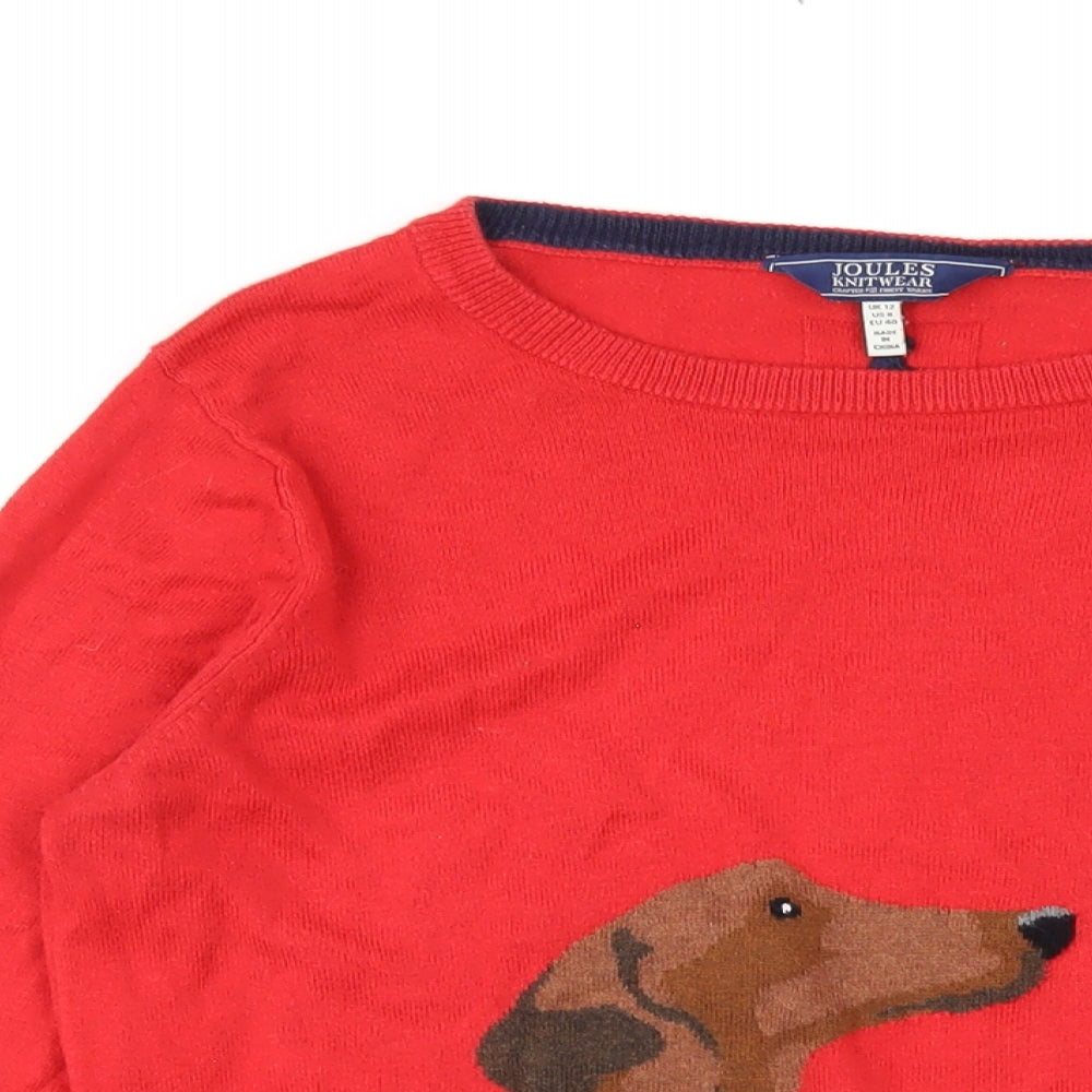 Joules Womens Red Round Neck Cotton Pullover Jumper Size 12 - Sausage Dog