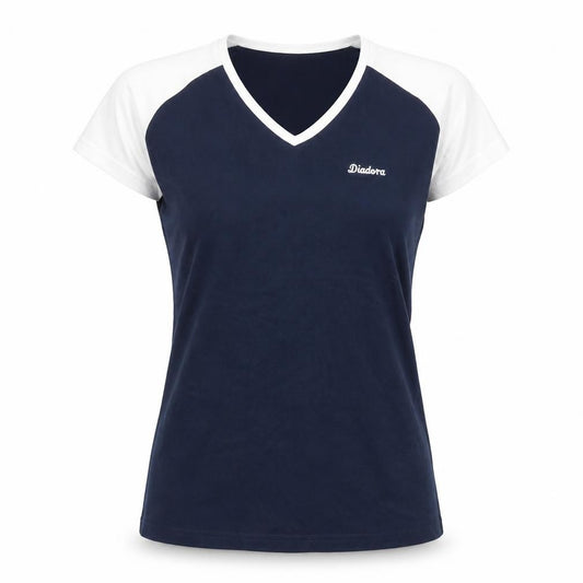 Front view of Diadora women’s blue cotton basic t-shirt, size UK 16, v-neck