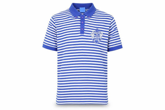 Front view of Queens Park Rangers FC men’s blue striped cotton polo, size L, collared button