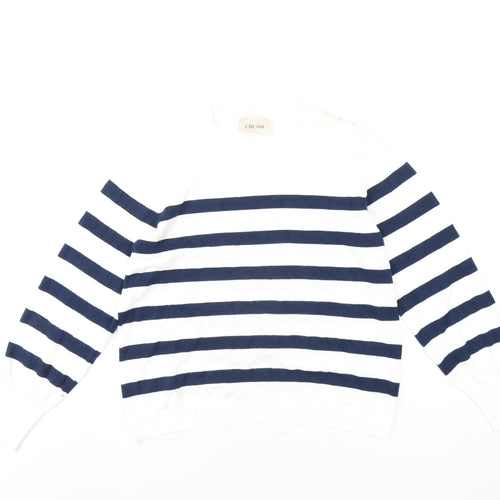 Cream Womens White Round Neck Striped Polyester Pullover Jumper Size M