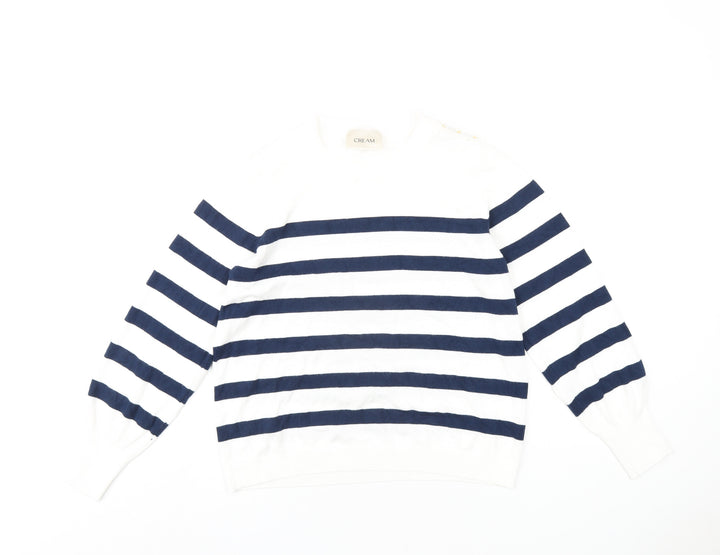 Cream Womens White Round Neck Striped Polyester Pullover Jumper Size M