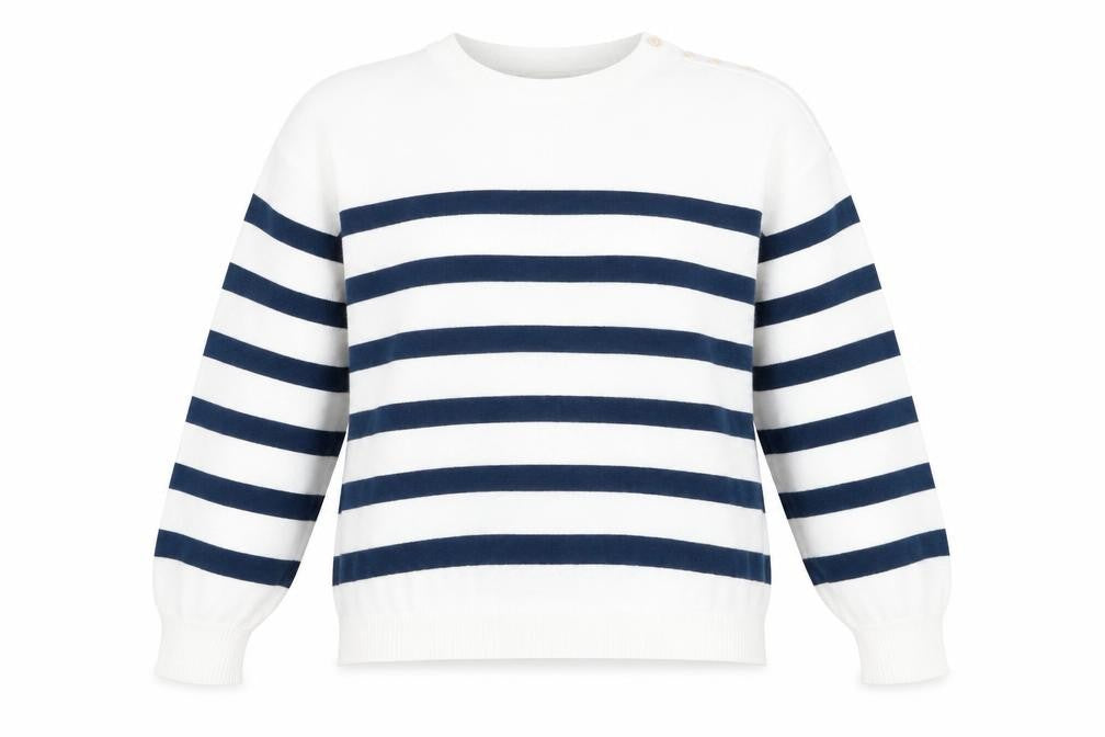 Front view of Cream women’s white round neck striped polyester jumper, size M