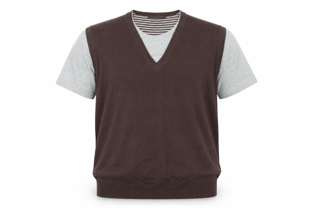 Front view of Full Circle men’s brown round neck cotton jumper, size XL, short sleeve